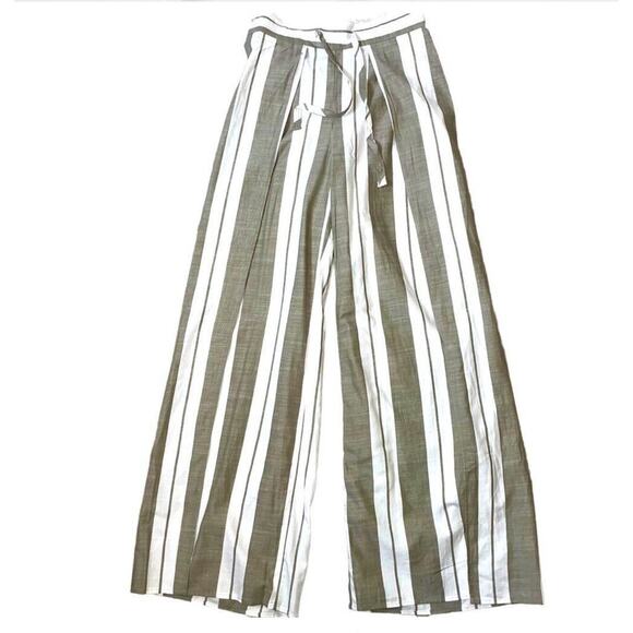 Express High Waisted Striped Surplice Wide Leg Cotton Pant-tan/white flowy pants - Picture 9 of 10
